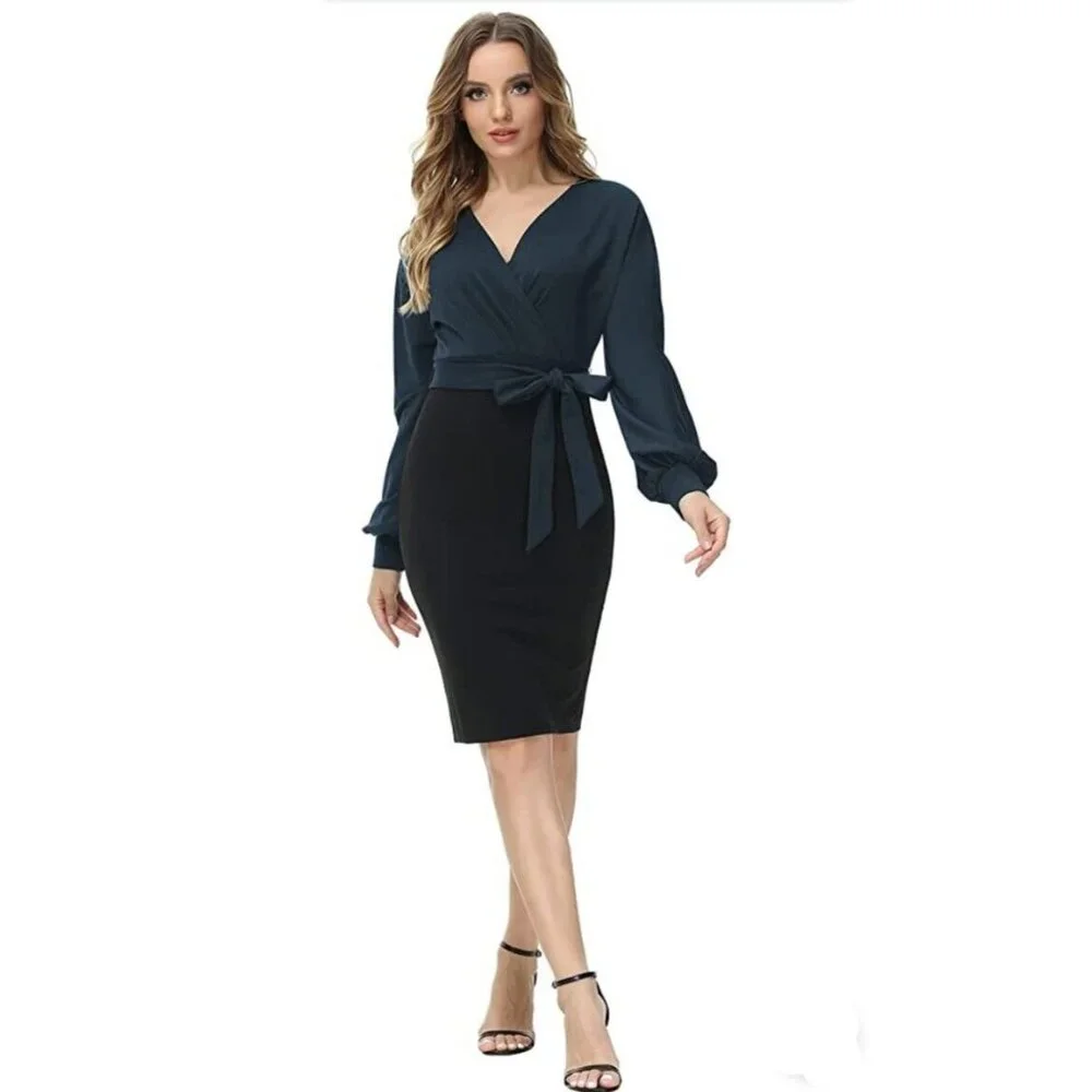 Grace Karin Womens 3XL Dress Long Sleeve Midi Length Faux Wrap Black Navy NWT - Picture 2 of 7